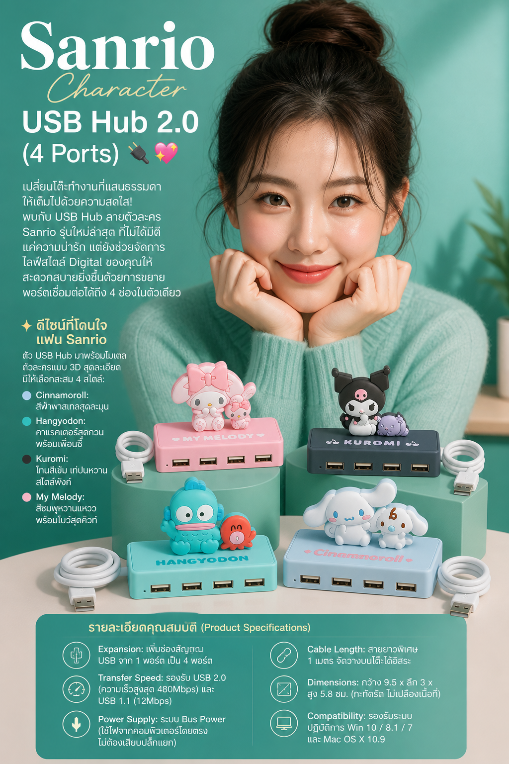 Sanrio Character USB Hub 2.0 (4 Ports) ไอเทมแต่งโต๊ะสุดคิวท์สำหรับสาย Gadget! - Image 2