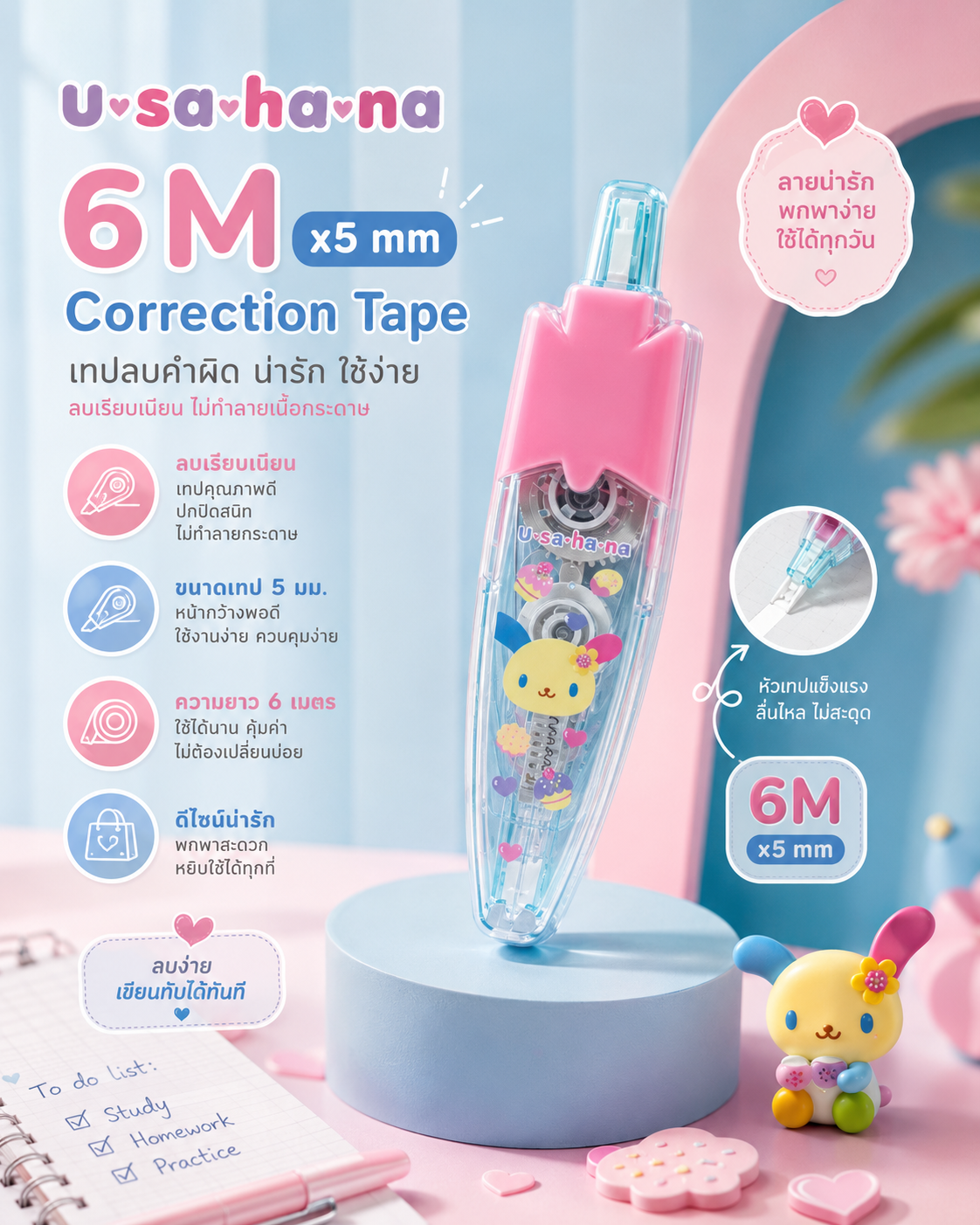 BR เทปลบคำผิดแบบกด Sanrio ลาย Usahana เทปลบคำผิดลบเนียนไม่ตกร่อง - Image 2